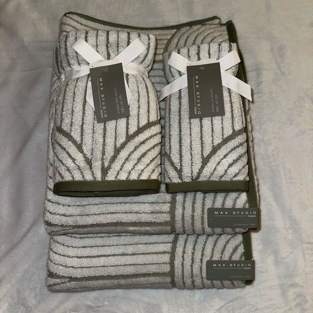 Max Studio Bath Towel Set Sage Green White Abstract 6 Pieces NWT